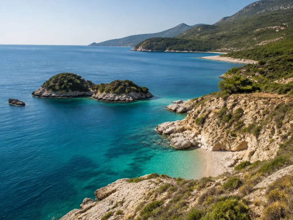 Albansk riviera med turkost joniskt hav, klippor och kristallklart vatten i soligt sommarljus