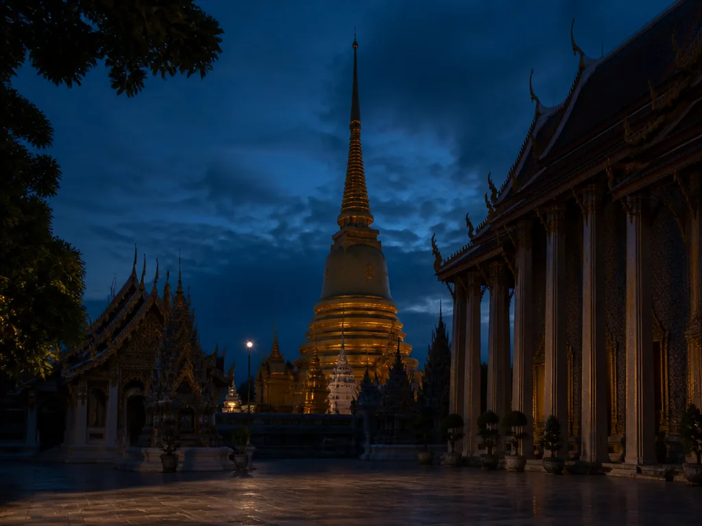 Wat Arun i kvällsljus speglat i Chao Phraya-flodens stilla yta