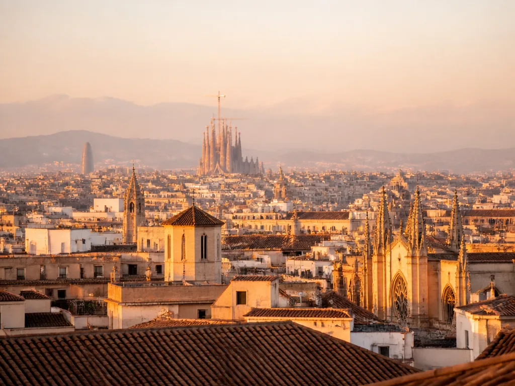 Sagrada Famílias spiror i kvällsljus över Eixamples rutnätskvarter