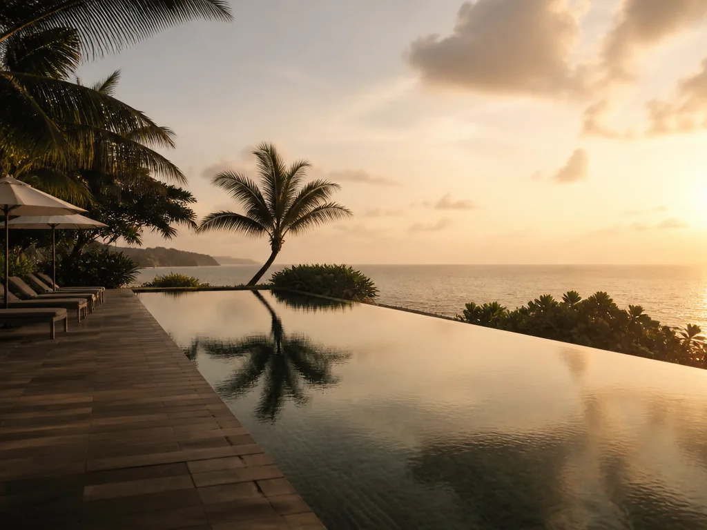 Infinity-pool vid en lyxig all inclusive-resort med utsikt över havet vid solnedgång