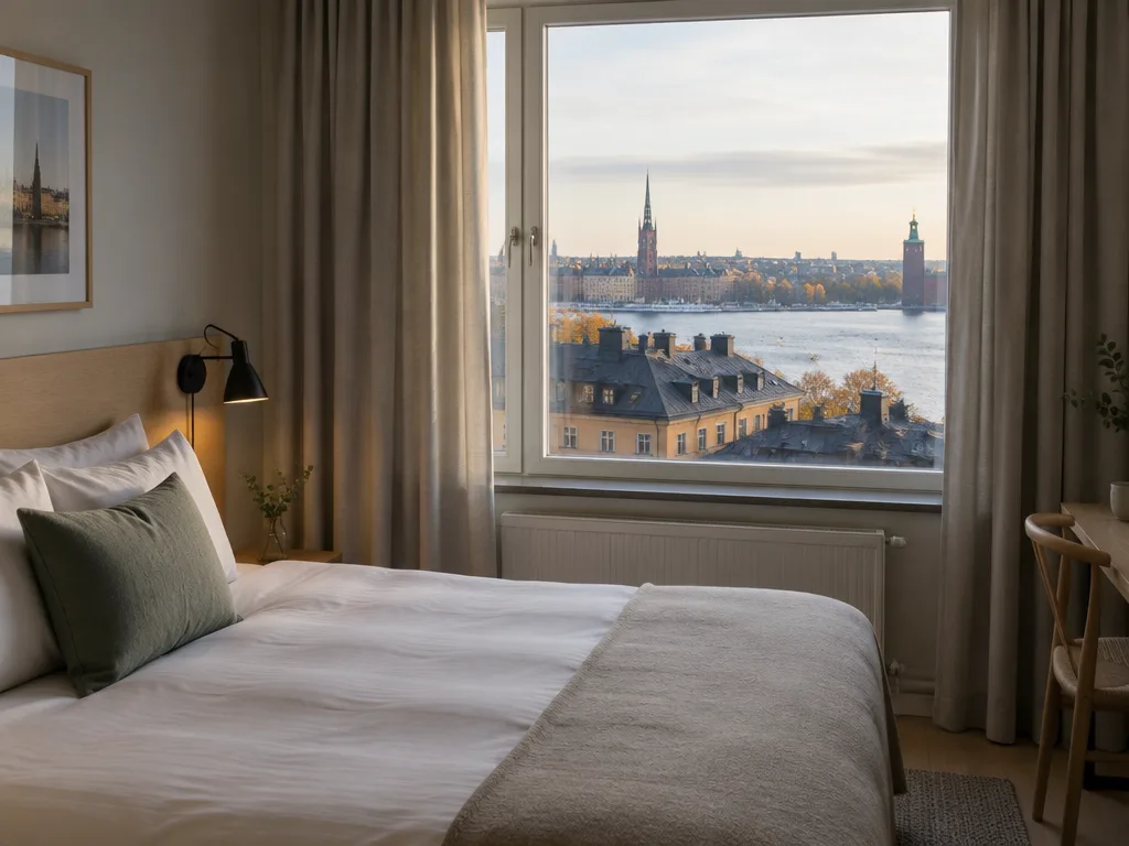 Enkelt hotellrum med dubbelsäng och fönster mot Stockholms hustak och vatten i höstljus