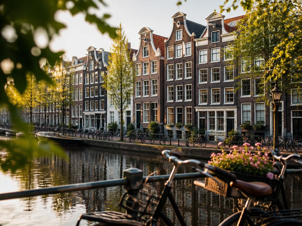 Charmiga kanalhus med smala gavelfasader vid en amsterdamsk kanal, cyklar parkerade längs kanalräcket i eftermiddagsljus