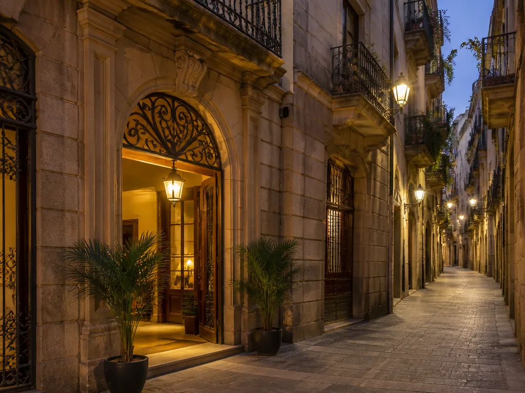 Charmig gränd i Barcelonas gamla stad med ett litet boutiquehotell, smidesjärnsbalkonger och varmt kvällsljus