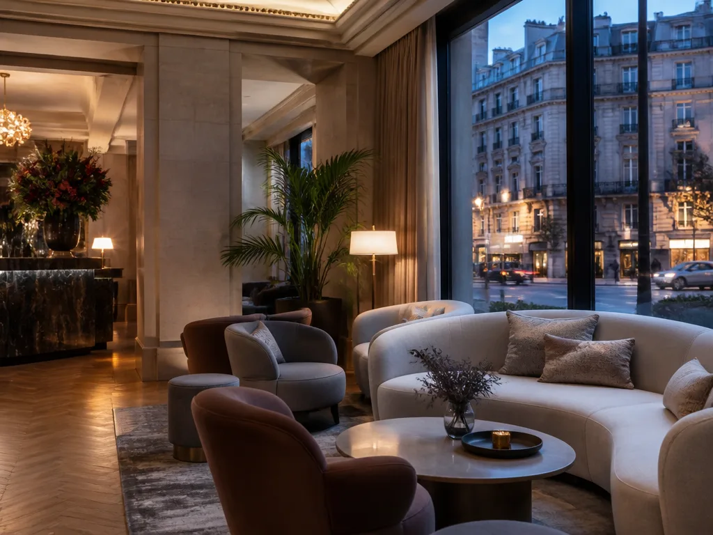 Elegant hotellobby med varmt ambient ljus och utsikt mot en historisk gata i skymning