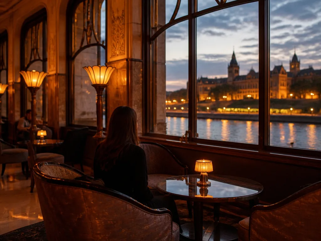 Elegant hotellobby i jugendstil med varmt ambient ljus och utsikt mot Donau i skymning