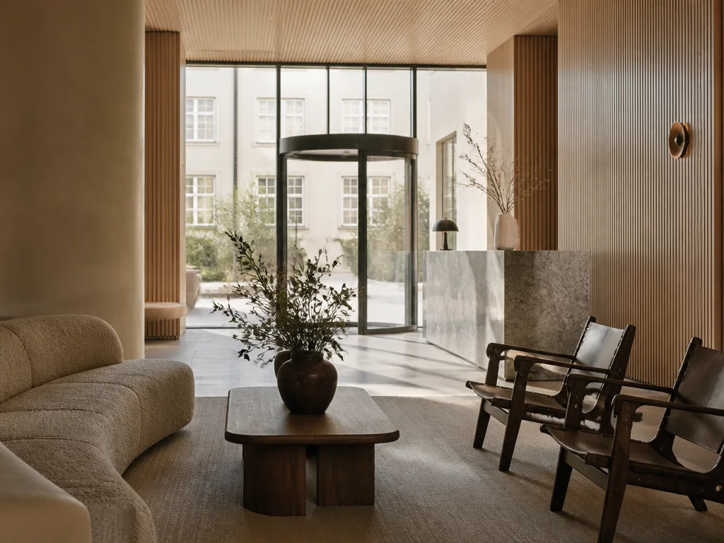 Hotelllobby i Köpenhamn med skandinavisk minimalistisk design och naturligt ljus