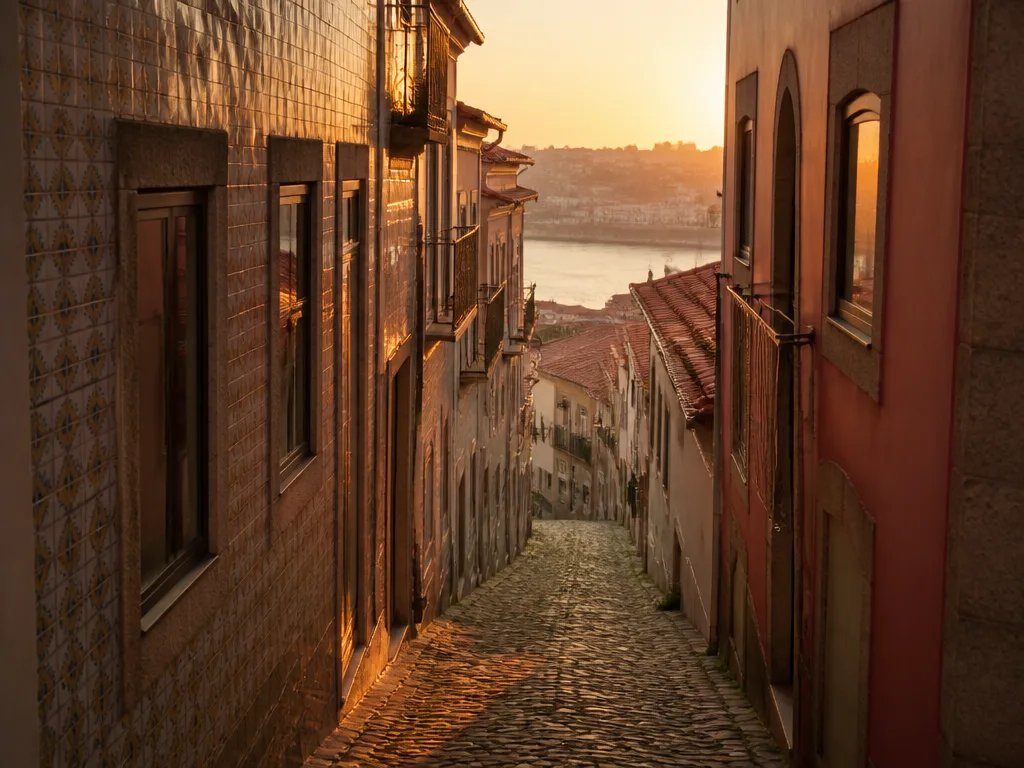 Kullerstensgata i Alfama i Lissabon med pastellfärgade hus, kakelfasader och utsikt över floden Tejo