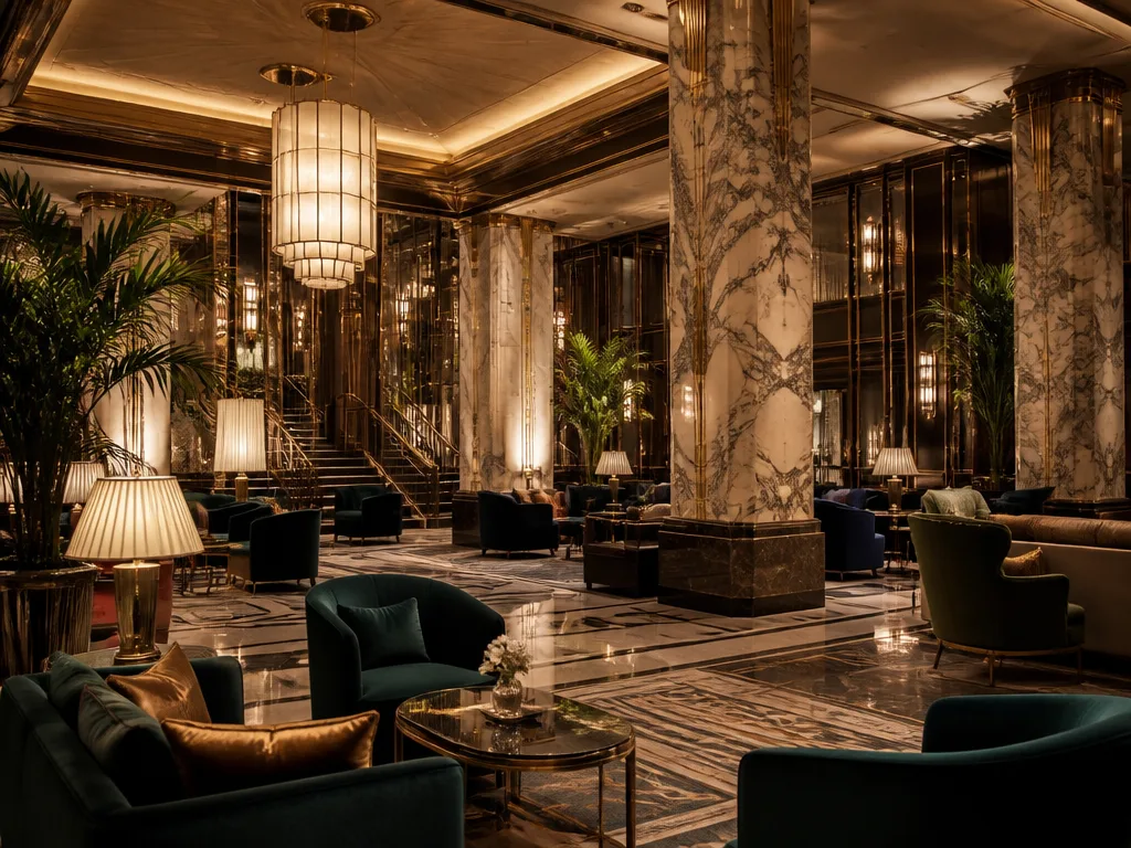 Art deco hotelllobby i London med marmorpelare, varmt ljus och eleganta sammetsfåtöljer