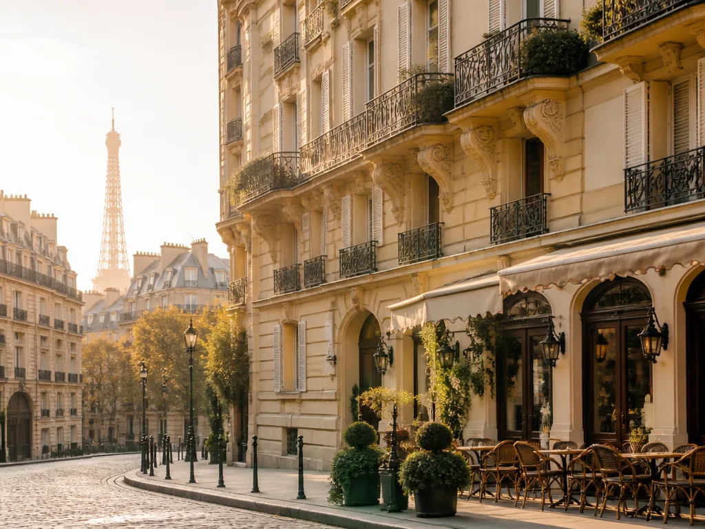 Elegant hotellfasad i Paris med smidesjärnsbalkonger, en gatukafé och Eiffeltornet skymtande i bakgrunden