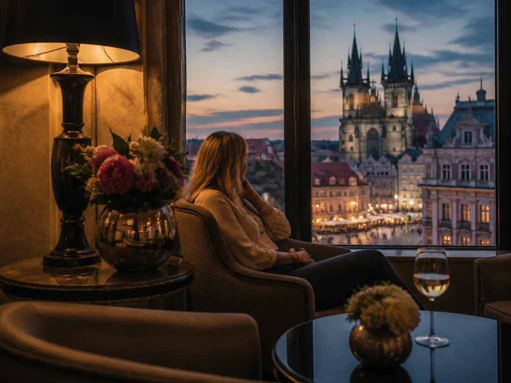 Elegant hotellobby med varmt ambient ljus och utsikt mot ett historiskt gammalt stadstorg med gotiska torn i skymning