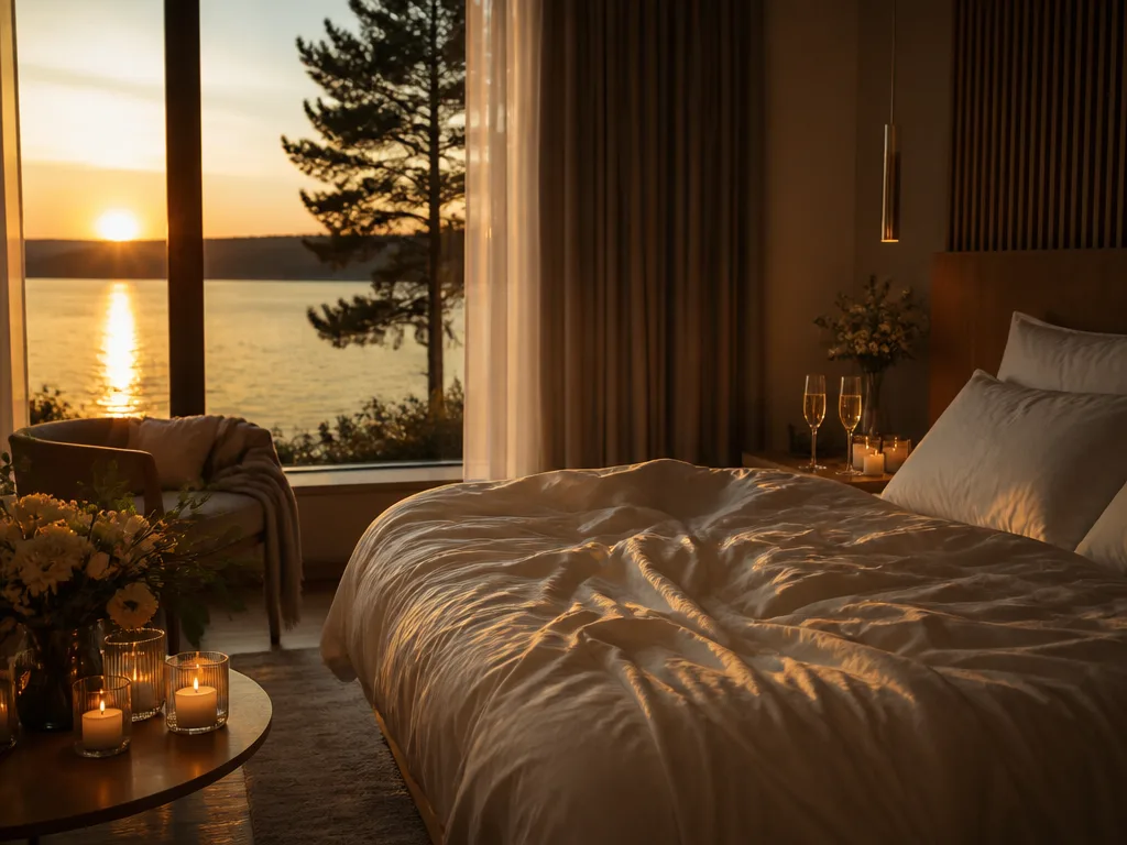 Romantiskt hotellrum med mjust ljusinsläpp, elegant vit sängklädsel och champagneglas vid fönster mot sjö i gyllene kväll