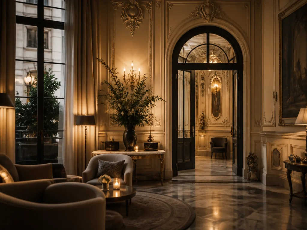 Elegant hotellobby med varmt ambient ljus och utsikt mot ett historiskt centraleuropeiskt stadstorg i skymning