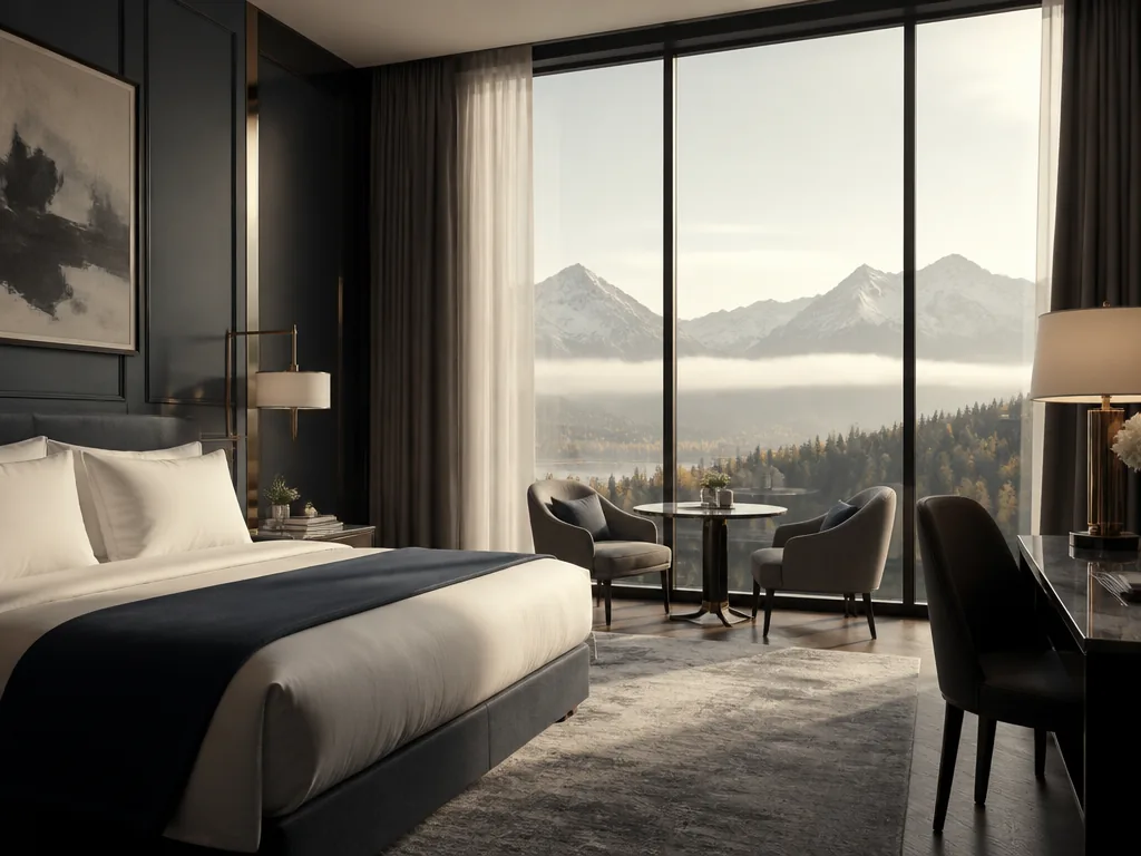Hotellrum med stora fönster mot bergslandskap