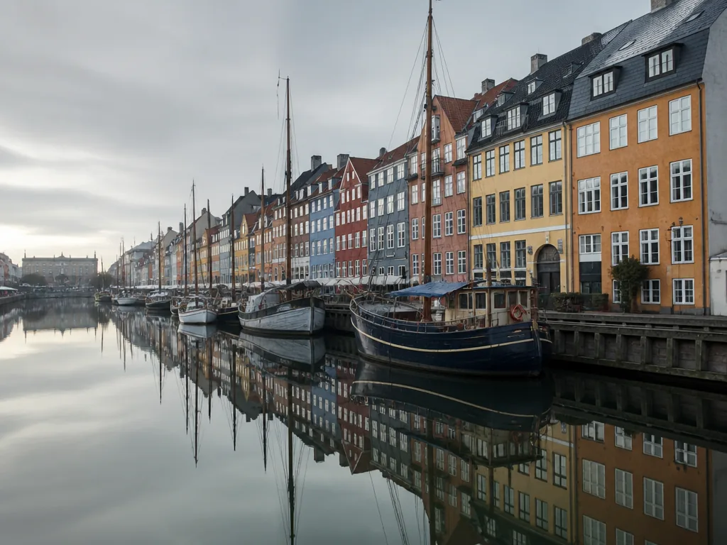 Färgglada husfasader längs Nyhavns kanal med träbåtar i förgrunden