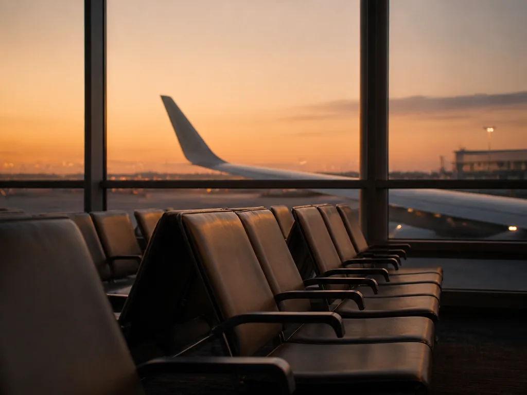 Flygplansvinge mot moln i kvällsljus med soluppgångens orange färg