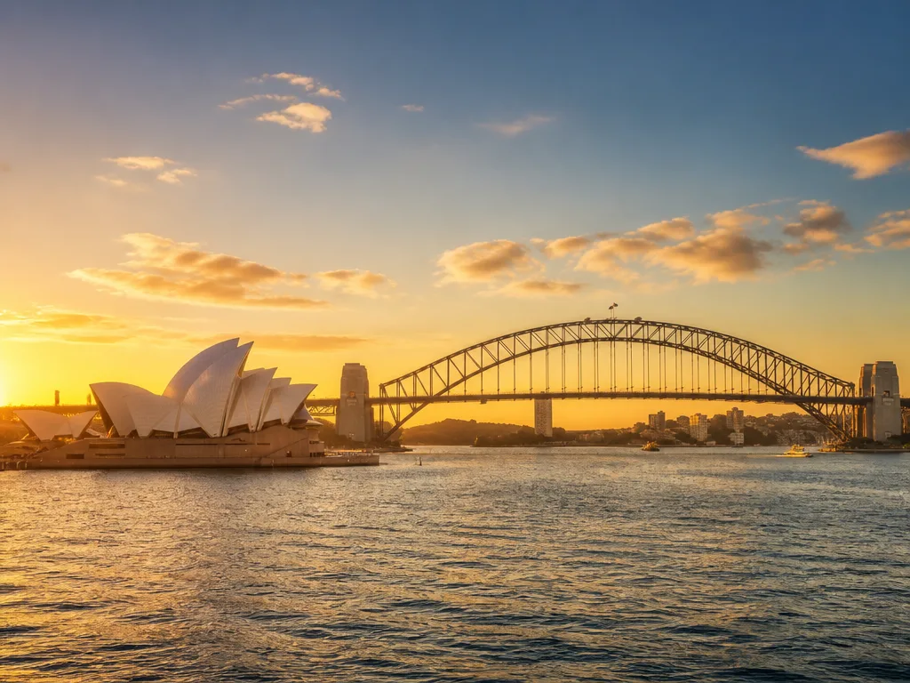 Operahuset och Harbour Bridge i Sydney sett över Sydney Harbour i kvällsljus