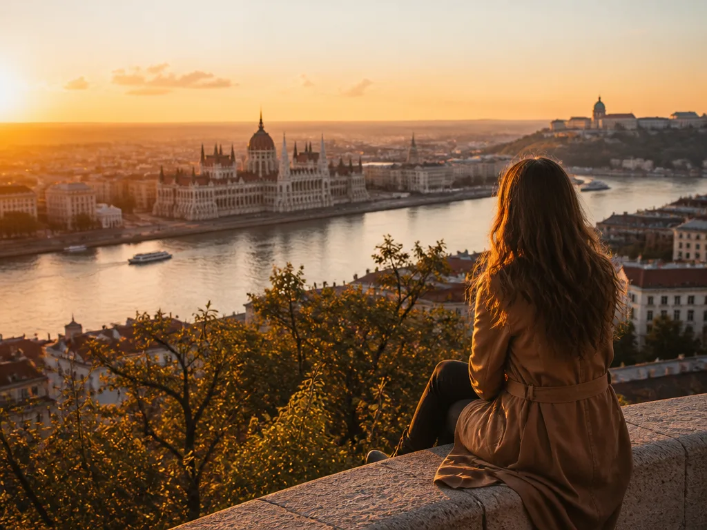 Budapest i guldljus med Donau, Parlamentsbyggnaden och Fiskarbastionen i bakgrunden