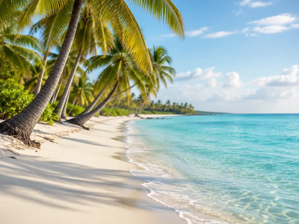 Lång vit sandstrand med lutande kokospalmer och turkost, lugnt karibiskt hav i morgonljus
