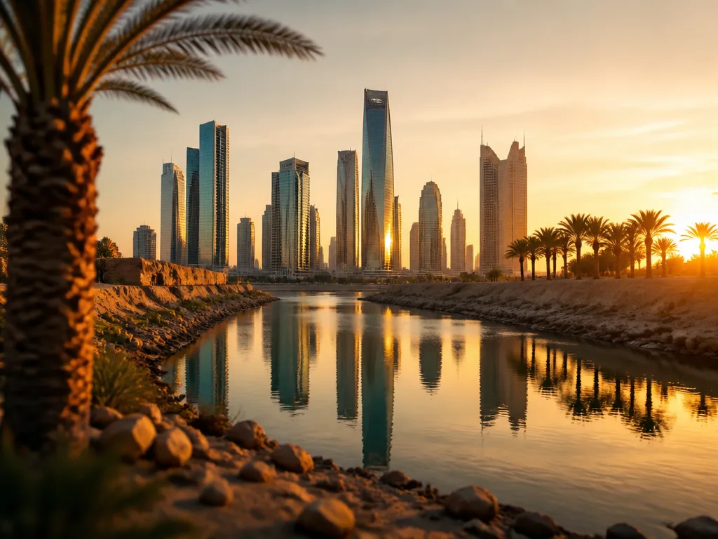 Dubais glasskrapeskylinje speglad i en lugn kanal i gyllene solnedgångsljus med ökenlandskap i förgrunden