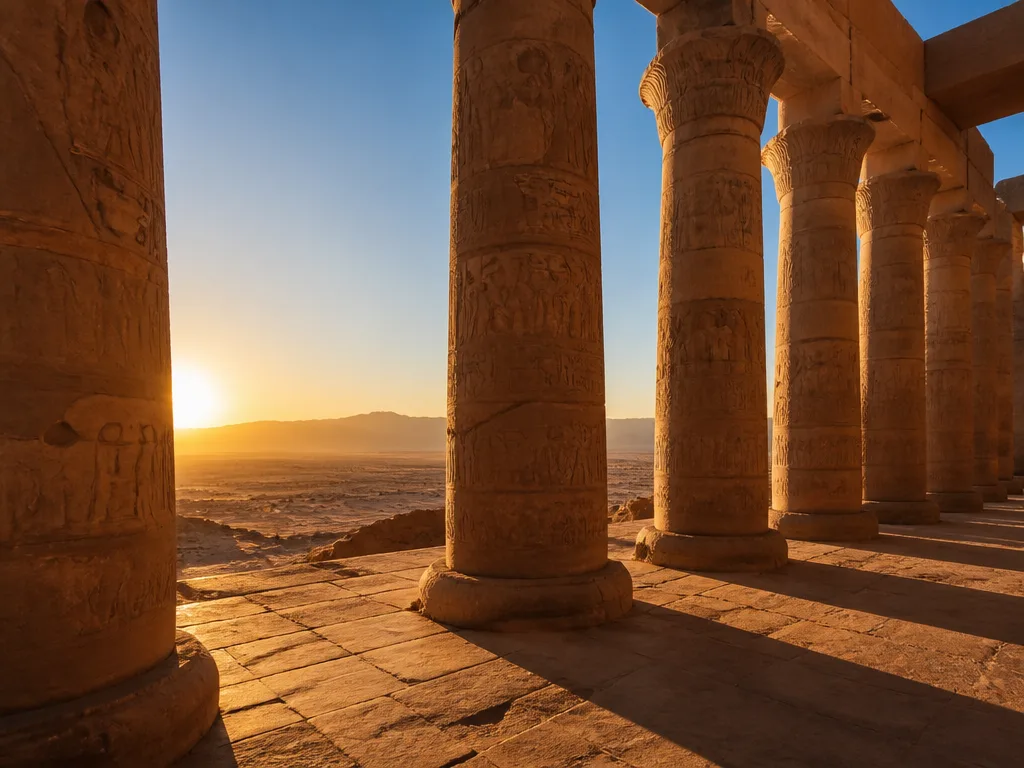 Antika sandstenstempel vid soluppgång med dramatiskt gyllene ljus och blå himmel i Egypten