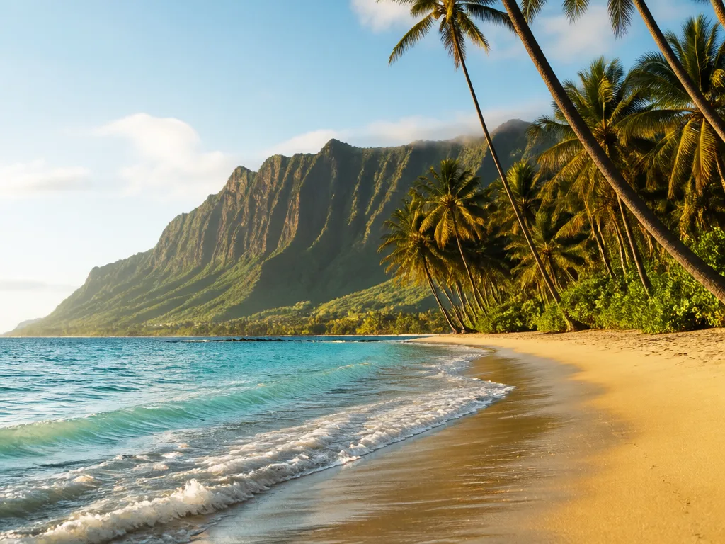 Turkost hav och palmer längs en solbelyst strand på Hawaii med vulkaniska berg i bakgrunden
