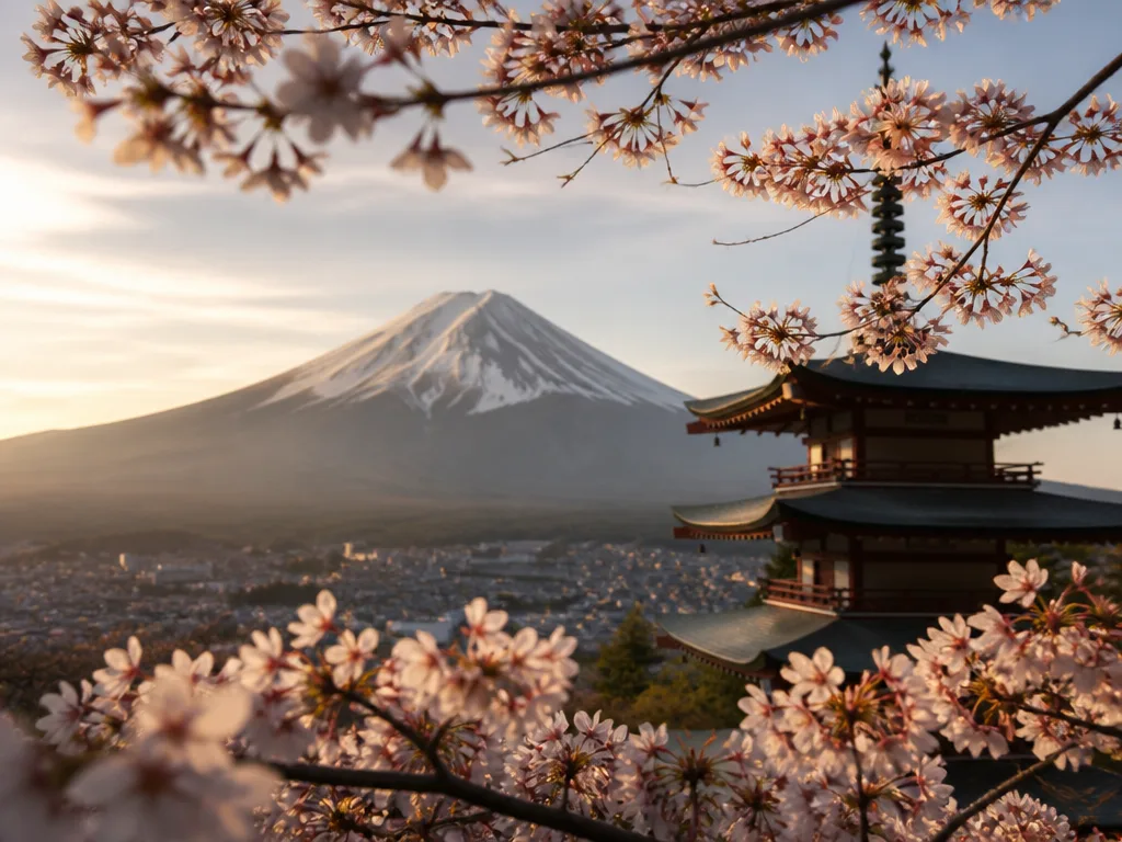 Berget Fuji med körsbärsblommor i förgrunden och en traditionell pagod i mjukt morgonljus