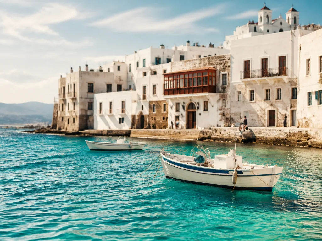Vitkalkad venetiansk hamnstad på Kreta med turkost Medelhavsvatten och små båtar i eftermiddagsljus