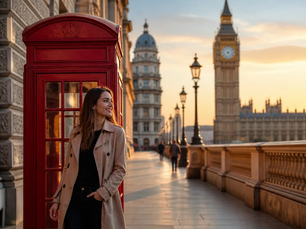 Londons skyline i gyllene kvällsljus med en klassisk röd telefonkiosk och historisk arkitektur