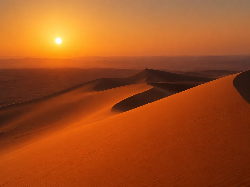 Sahara-dyner i orange och bärnstenstoniga färger under den gyllene timmen vid solnedgång