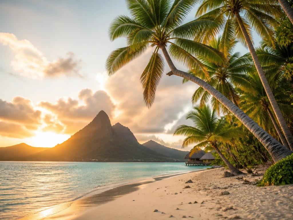 Tropisk strand på Mauritius med turkost vatten, palmer och en bergssiluett i bakgrunden i kvällsljus