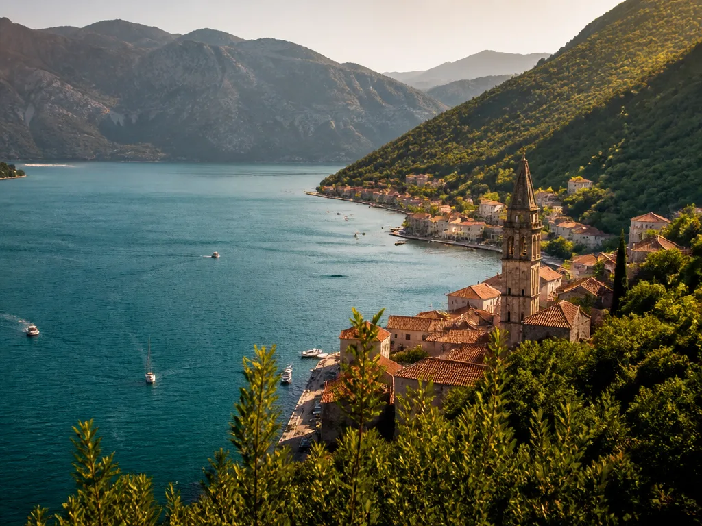 Kotorbuktens turkosa vatten omgivet av höga berg och en historisk stadskärna i Montenegro