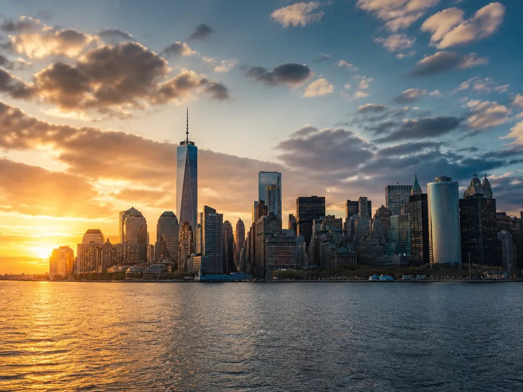 New York City skyline vid solnedgången med flod i förgrunden och skyskrapor mot en gyllene himmel