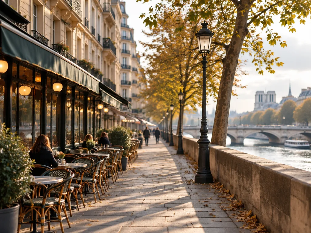 Uteservering vid en kajpromenad längs Seine i Paris med höstlöv och en stenbro i bakgrunden