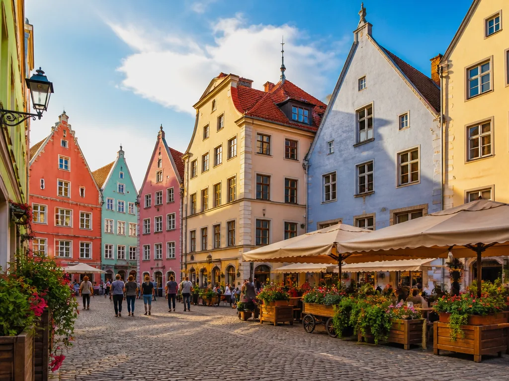 Färgglatt gammalt torg i en europeisk stad med historiska husfasader