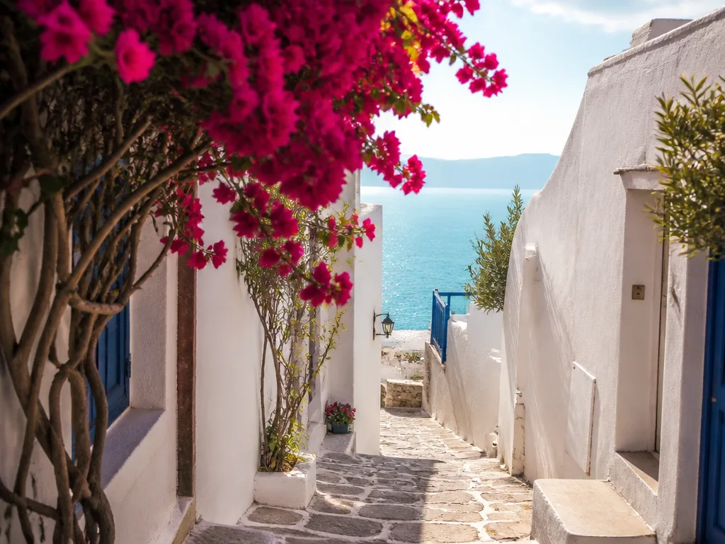 Vit medeltida stadskärna i Rhodos stad med smala gränder och blommande bougainvillea i kvällsljus