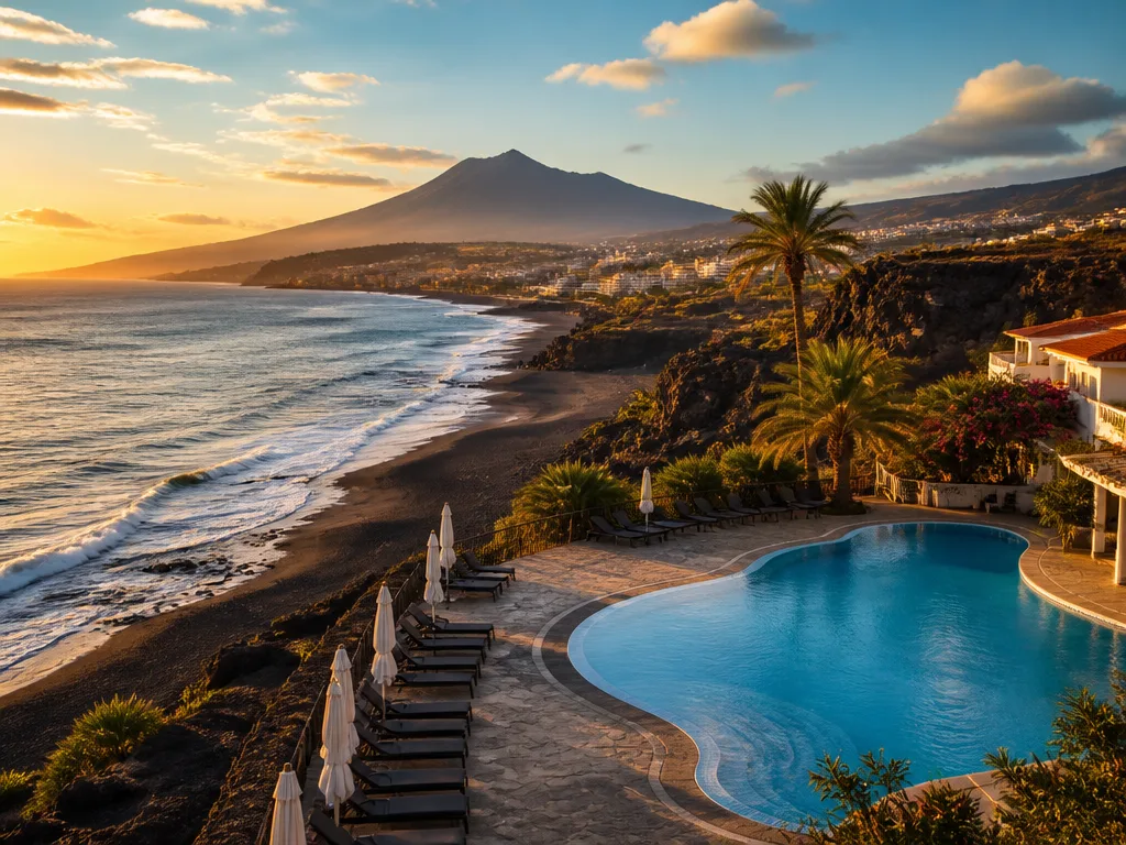 Vulkanisk kustlinje på Teneriffa med pool och palmer i förgrunden och en vulkan i bakgrunden i kvällsljus