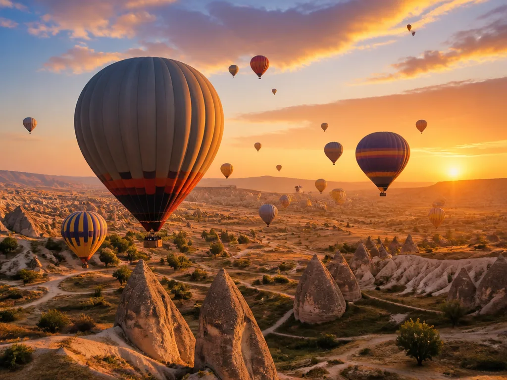 Färgglada luftballonger flyger över dramatiska klippformationer i Kappadokien vid soluppgång