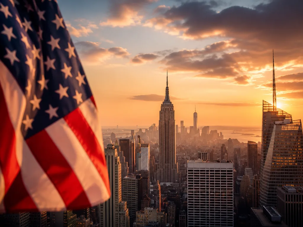 Amerikansk flagga och skyskrapor i New Yorks skyline i kvällsljus