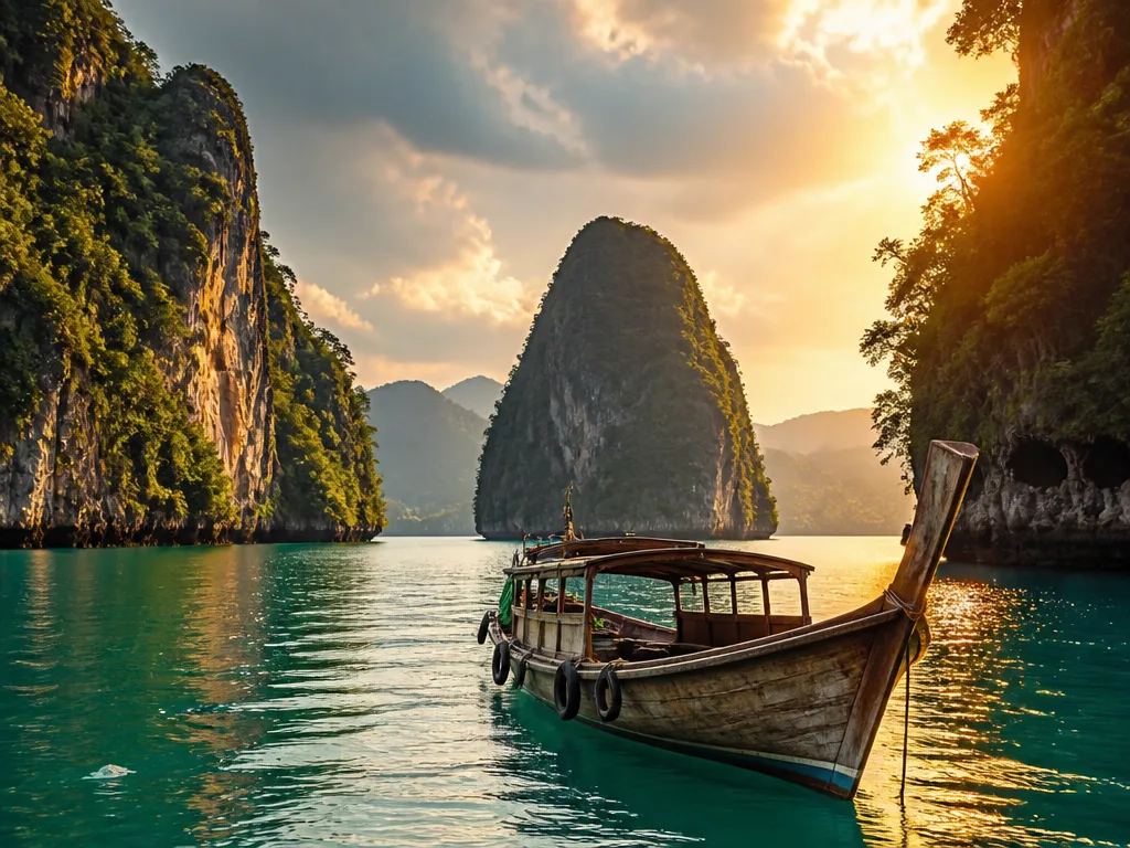 Karstöar reser sig ur turkost vatten i Halong Bay vid gyllene timmen med en traditionell träbåt i förgrunden