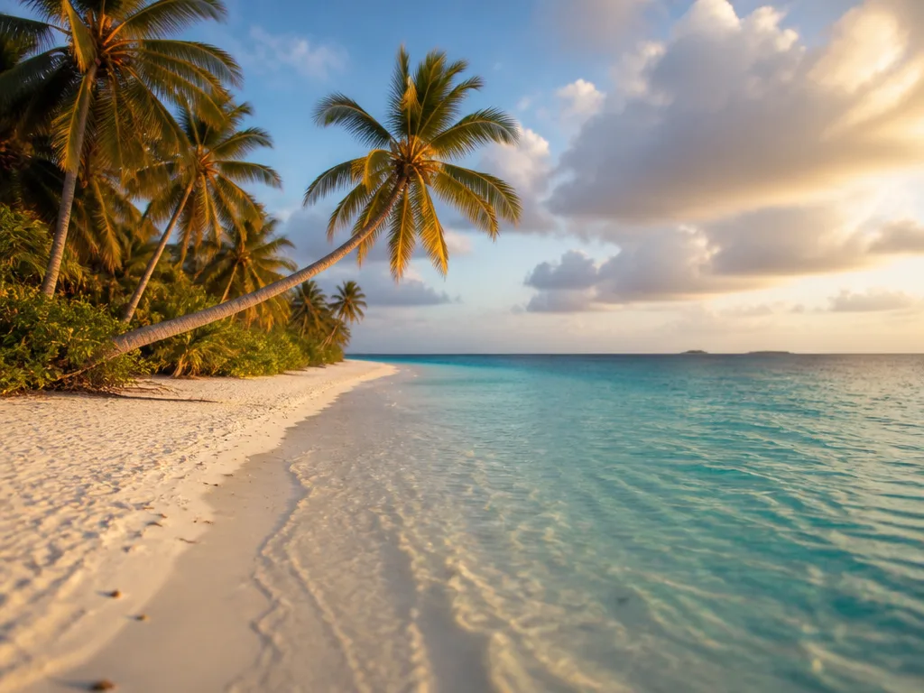 Kritvit korallsandstrand med turkost vatten och lutande palmer på Zanzibar
