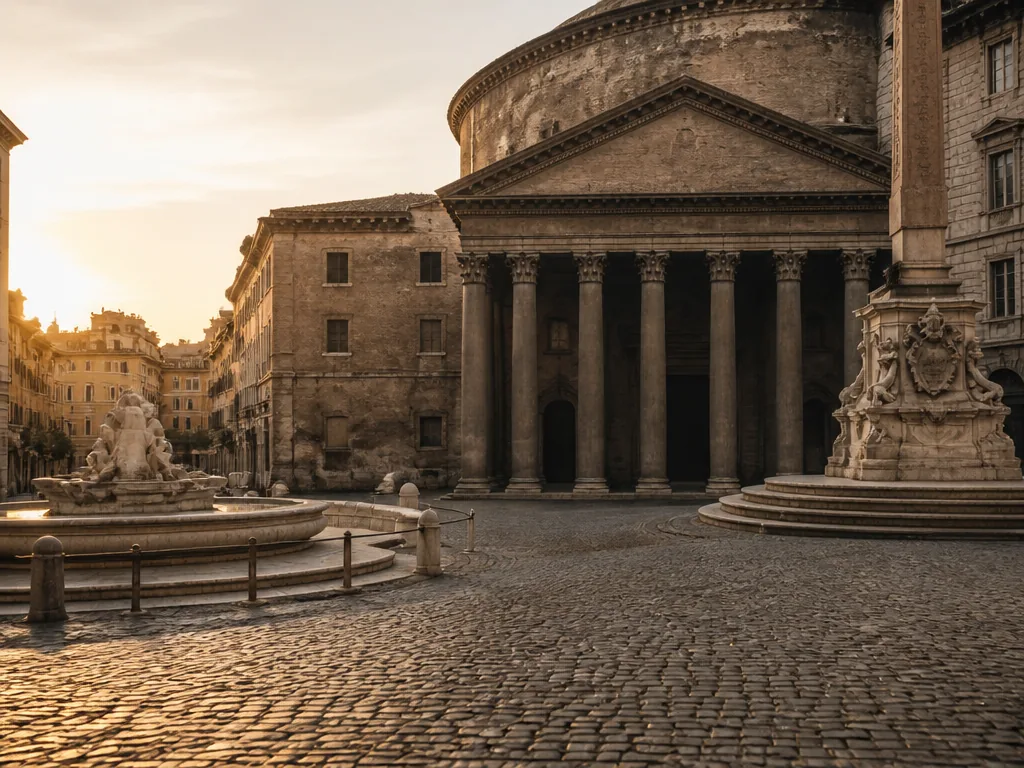 Colosseum i tidigt morgonljus med tomma kullerstensgator i förgrunden