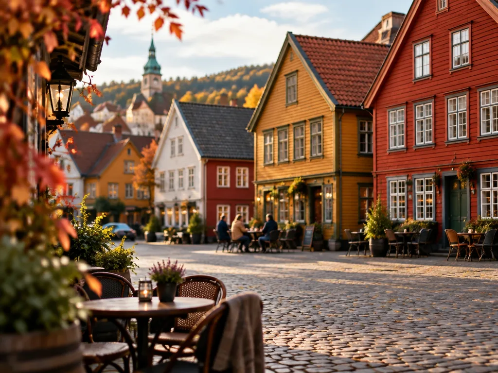Kullerstensgata med färgglada trähus och caféstolar i höstljus