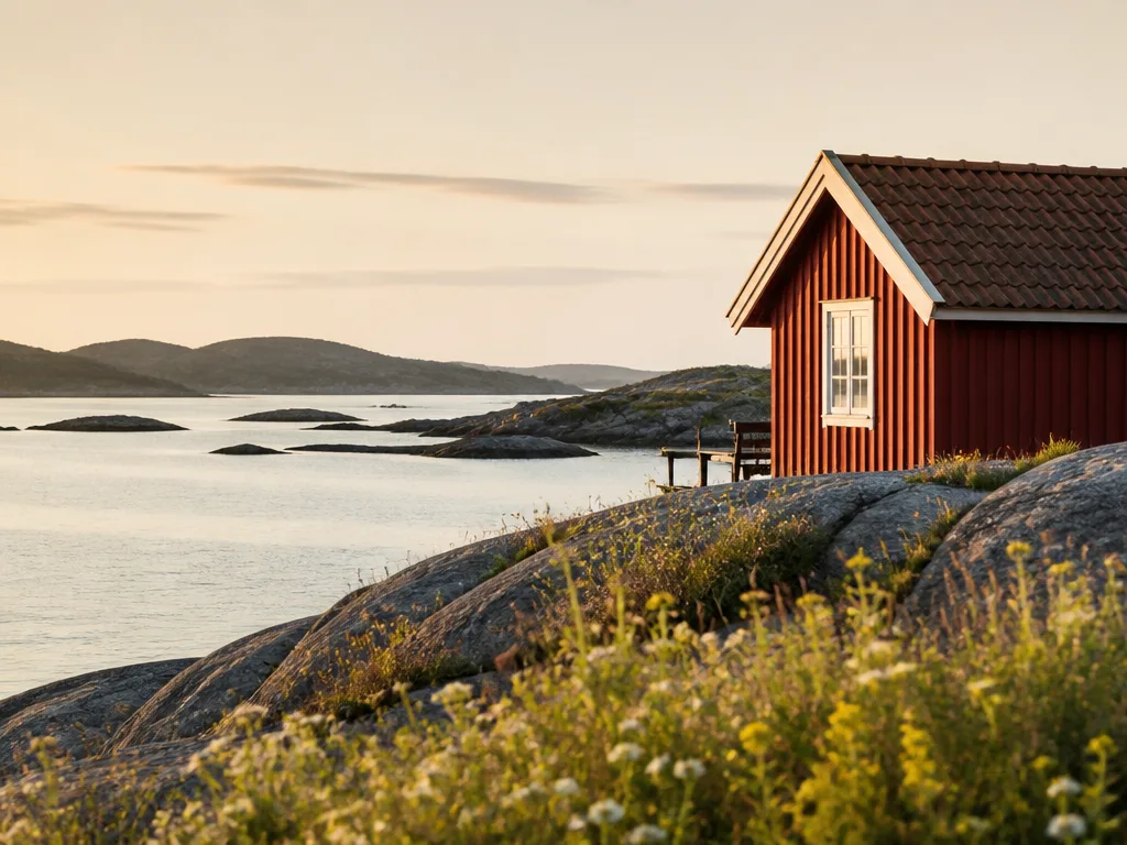 Röd stuga vid lugn havsvik i sommarsolen, granit och vildblommor vid vatten – typisk svensk kustsemester