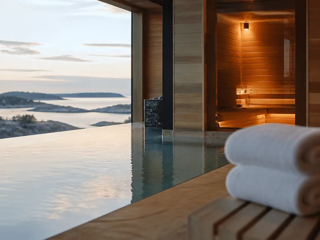 Infinitypool på ett spahotell med utsikt över Stockholms skärgård i kvällsljus