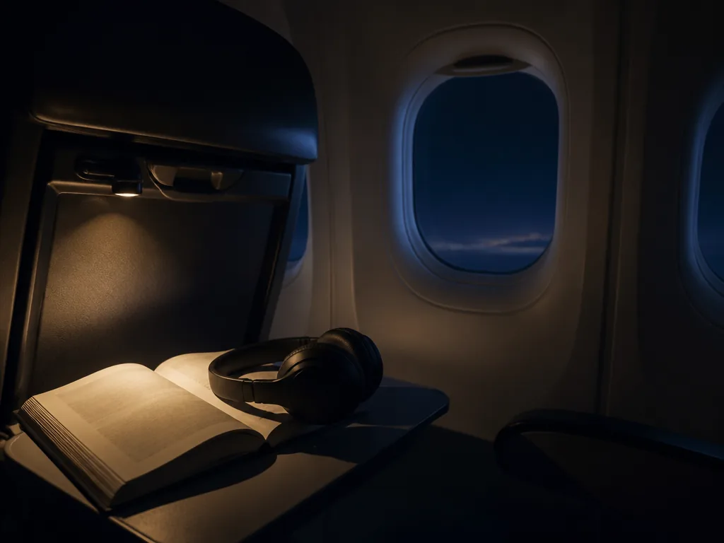 Flygplanskabin i mjukt nattljus med sovande passagerare i nackkudde och filt