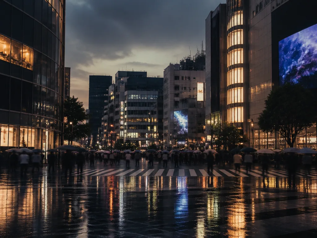 Tokyo gatuvy med neon och fotgängare vid skymning