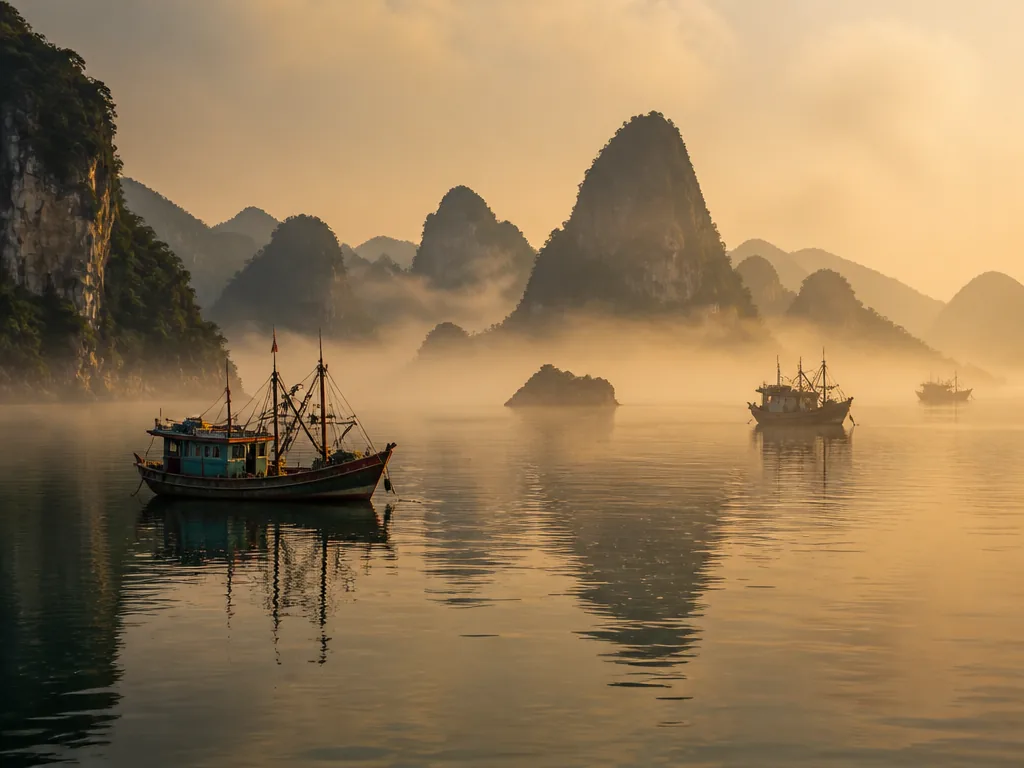Träbåt på Halong Bay omgiven av tornande karst-öar i tidigt morgonljus