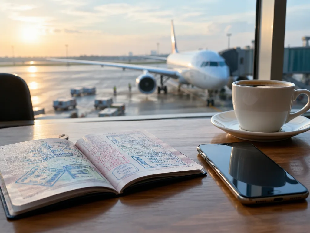 Pass och mobiltelefon på ett bord vid gaten med ett flygplan utanför fönstret