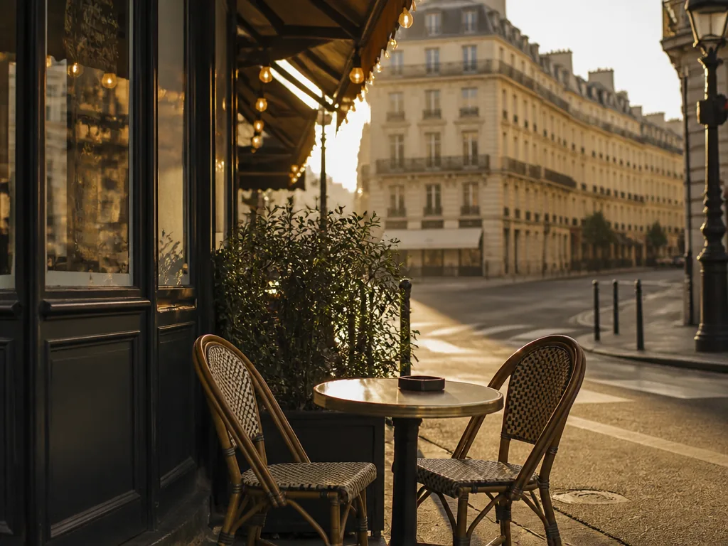 Parisiskt kafé med tomma bistrostolar och Haussmann-fasader i mjukt morgonljus